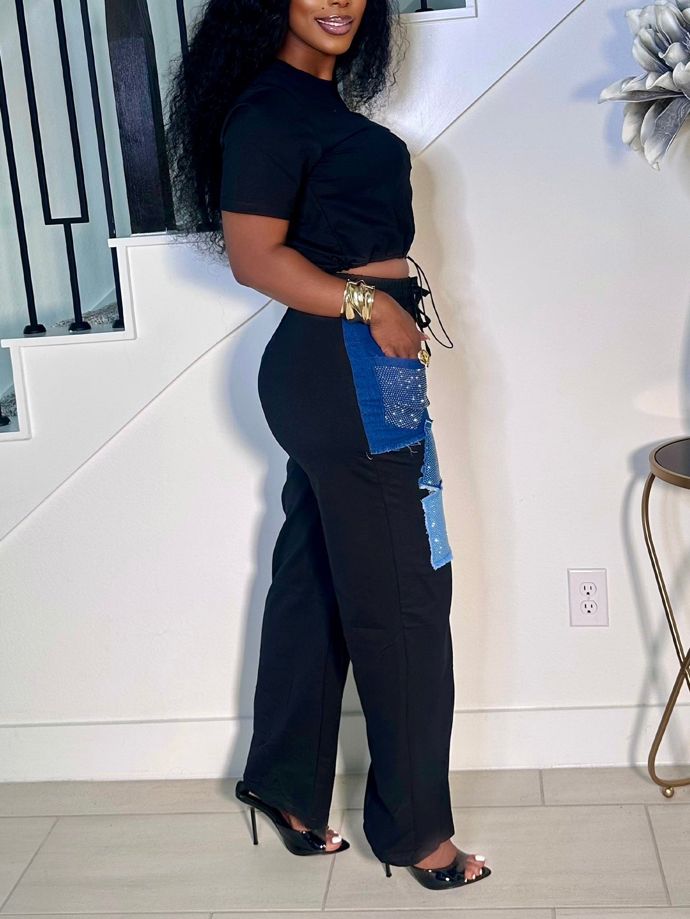 Women's Casual Black Crop Top or  Pants Set with Denim Rhinestone Patches