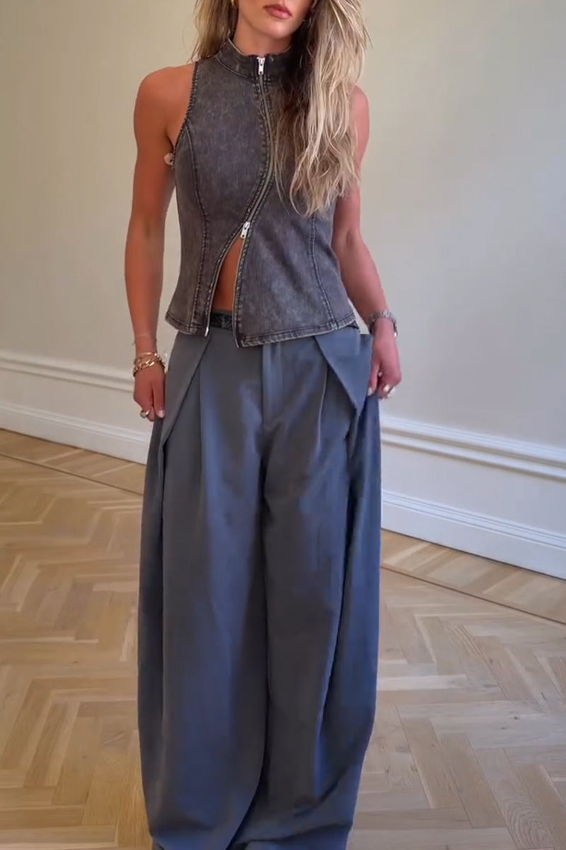 Women Casual Round Neck Sleeveless Zipper Denim Top or Wide Leg Pants