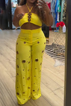 Women Neck Hanging Short Top + Hollow Wide Leg Pants Sexy Casual Suit