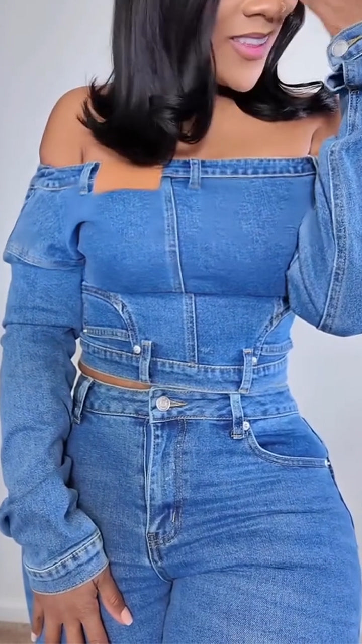 Women Strapless Patchwork Top+ Pants Casual Denim Suit