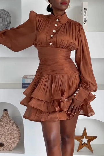 Women Round Neck Waist Cinched Elegant Casual Mini Dresses