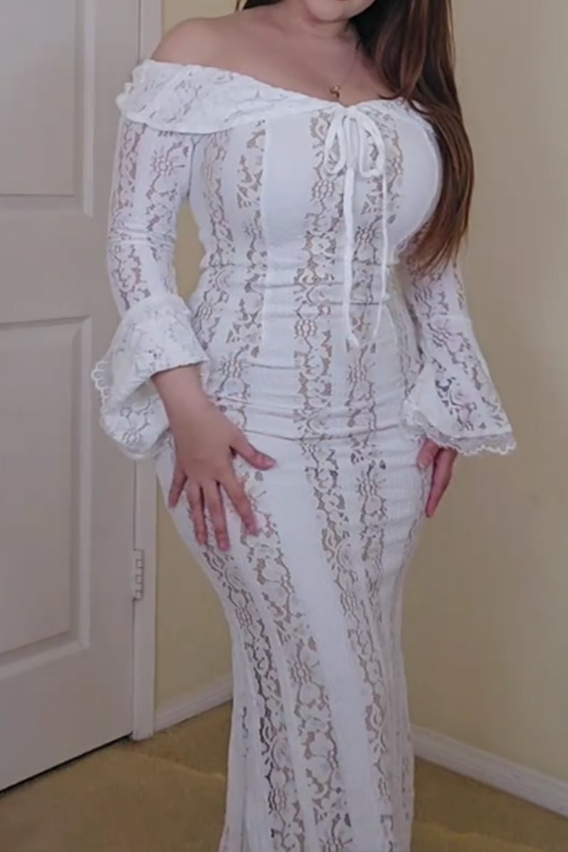Women's Lace Hollow Out Fitted Long Sleeved Resort Dress