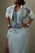 Womens Split Spliced Denim Dress + Short Jacket Casual Set