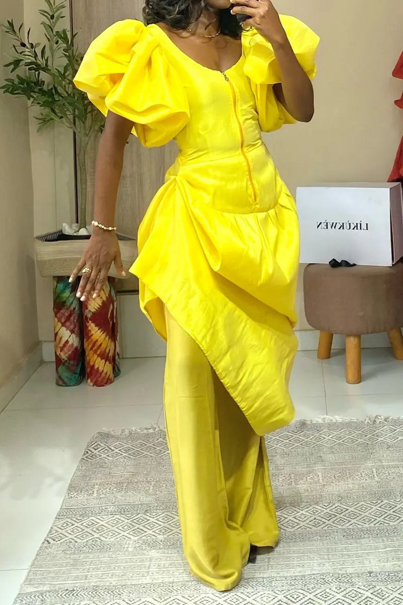 Women's Bright Yellow Off Shoulder Puff Sleeve Corset Top Or Wide Leg Pants