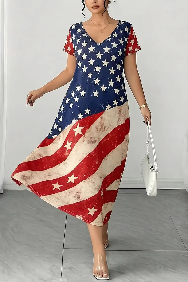 Women's Casual Vintage Distressed American Flag Print V Neck Short Sleeve Midi Dress