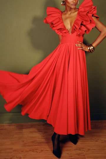 Women's Fashion Flounce Sleeve V Neck Maxi Dress