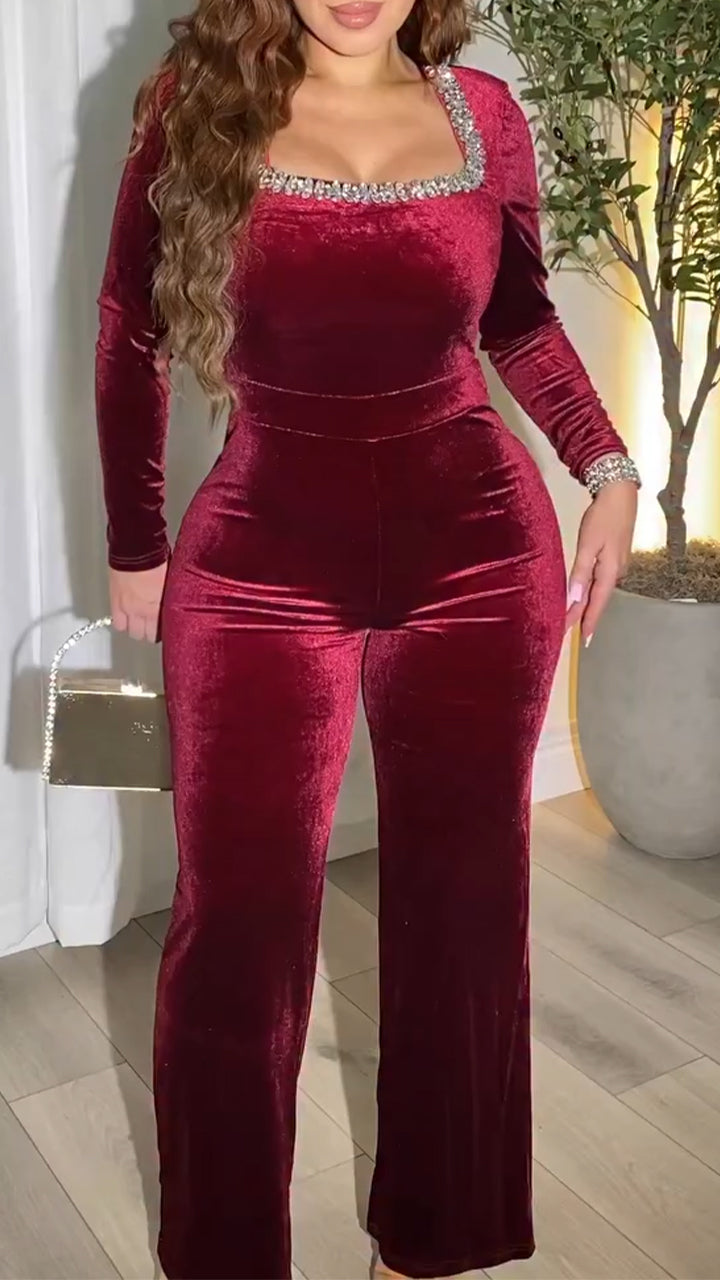 Womens Square Neck Hot Pressed Diamond Slim Velvet Temperament Casual Jumpsuit