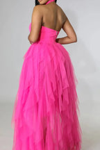 Women's Barbie Style Fuchsia Halter Gown with Keyhole Cutout and Tulle Skirt