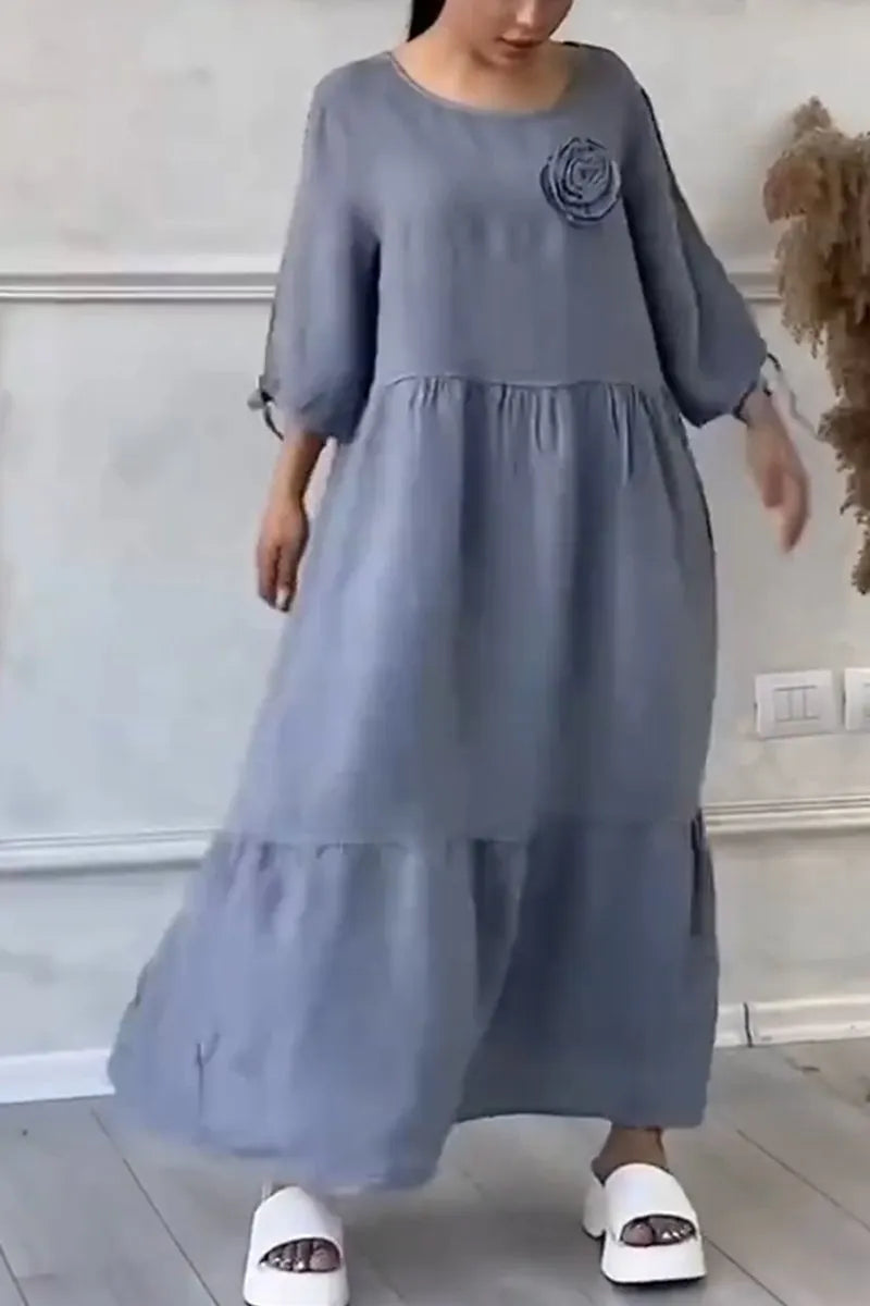 Women's Casual Cotton and Linen Gathered Floral Dress