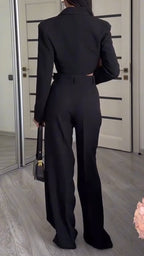 Women Collar Jacket+ Pants Solid Color Temperament Casual Suit
