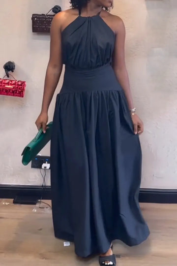 Women Neck Hanging Waist Cinching Solid Color Elegant Casual Dress