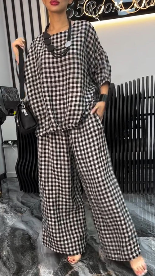 Ladies' Round Neck Plaid Casual Loose Suit
