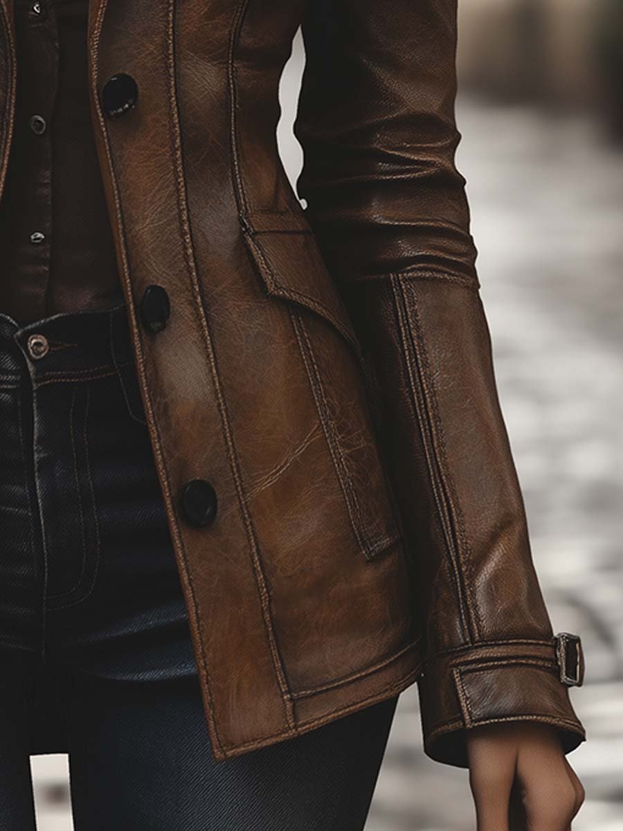 Women's Vintage Lapel Pocket Faux Leather Jacket