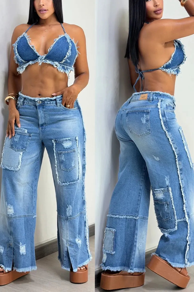 Women's ight Wash Denim Halter Crop Top with Frayed Edges Or High Waist Patch Pocket Wide Leg Jean