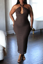 Women's Casual Bodycon Halter Midi Dress Ribbed Knit Cutout Sleeveless Party Dress