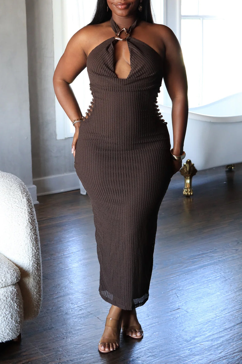 Women's Casual Bodycon Halter Midi Dress Ribbed Knit Cutout Sleeveless Party Dress