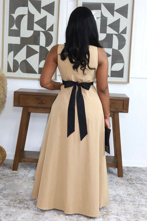 Elegant Workwear Style Contrast Trim Button Down A-Line Maxi Dress