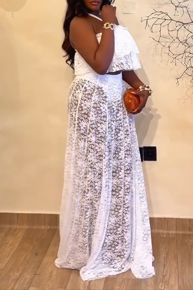 Womens Neck Hanging Lace Patterned Top + See Through Half Skirt Elegant Casual Set