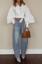 Women Casual Lantern Sleeve Lapel Shirt or Washed Water Spliced Jeans