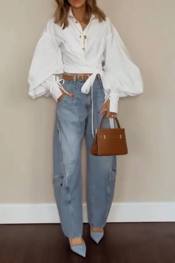 Women Casual Lantern Sleeve Lapel Shirt or Washed Water Spliced Jeans