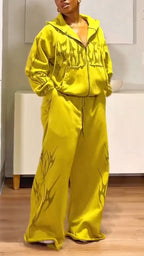 Womens Hooded Printed Jacket+ Pants Casual Set