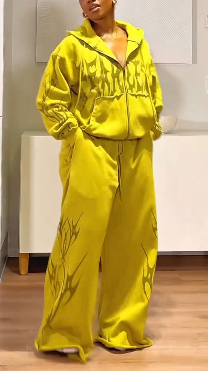 Womens Hooded Printed Jacket+ Pants Casual Set