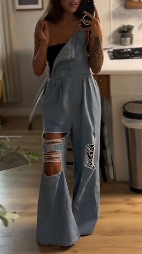Ladies Shoulder Straps with Holes for Casual Wear Denim Jumpsuit