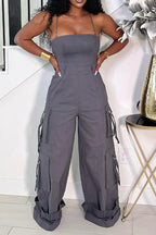 Women's  Casual Strapless Cargo Jumpsuit, Sleeveless Wide Leg Jumpsuit with Utility Pockets