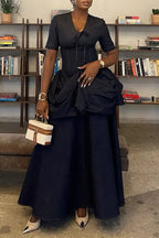 Women V-neck Splicing Elegant Temperament Denim Dress