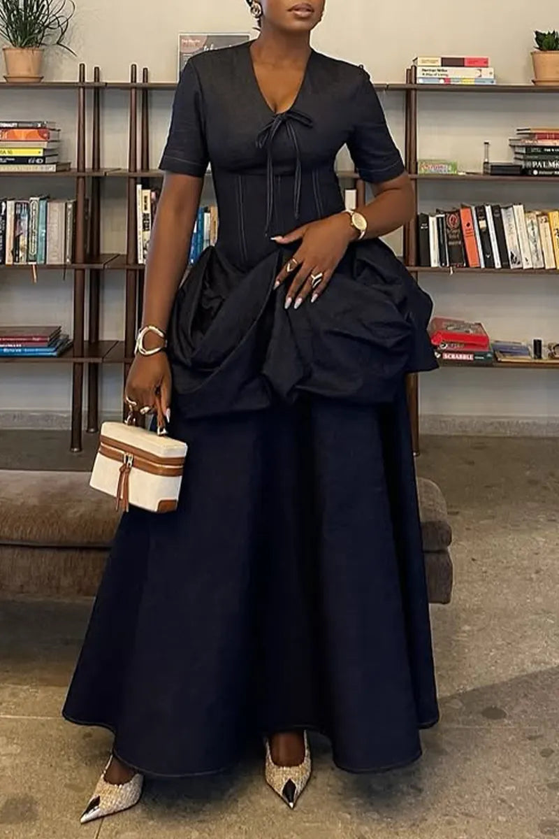 Women V-neck Splicing Elegant Temperament Denim Dress