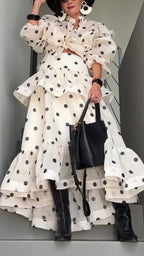 Womens Round Neck Polka Dot Top+ Patchwork Skirt Elegant Temperament Set