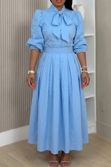 Women's Long Sleeve Maxi Commuter Dress With Bow Tie Waist