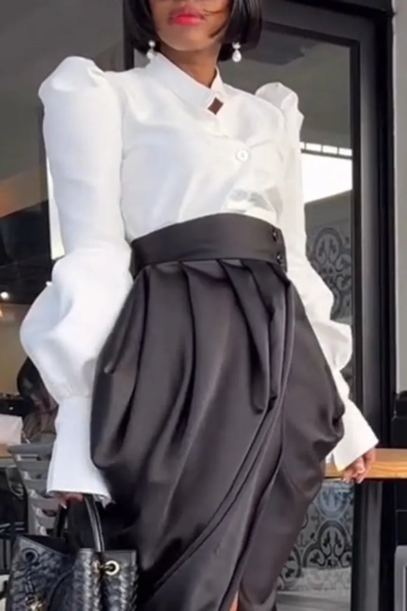 Women's Elegant Lantern Sleeve Shirts & High Waist Pleated Skirt