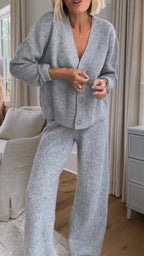 Women V-neck Casual Solid Color Set
