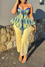 Women Elegant Casual Strapless Printed Irregular Tops or Wide Leg Pants