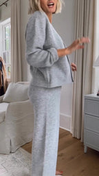 Women V-neck Casual Solid Color Set
