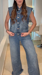 Women Lapl Collar Top+ Rhinestone Pants Casual Denim Suit