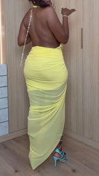 Women neck hanging sleeveless solid color slit sexy temperament dress