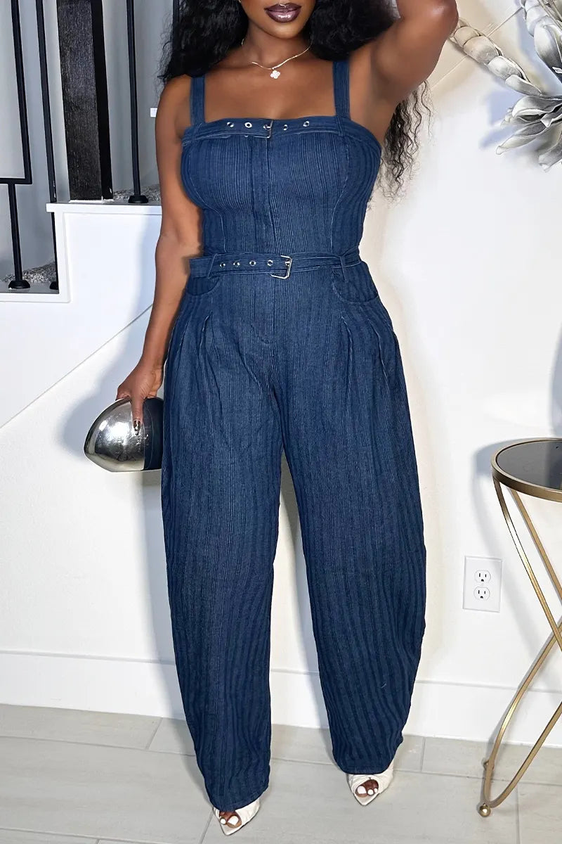 Women's High Waist Denim Jumpsuit with Belted Waist, Square Neck & Wide Leg Pants