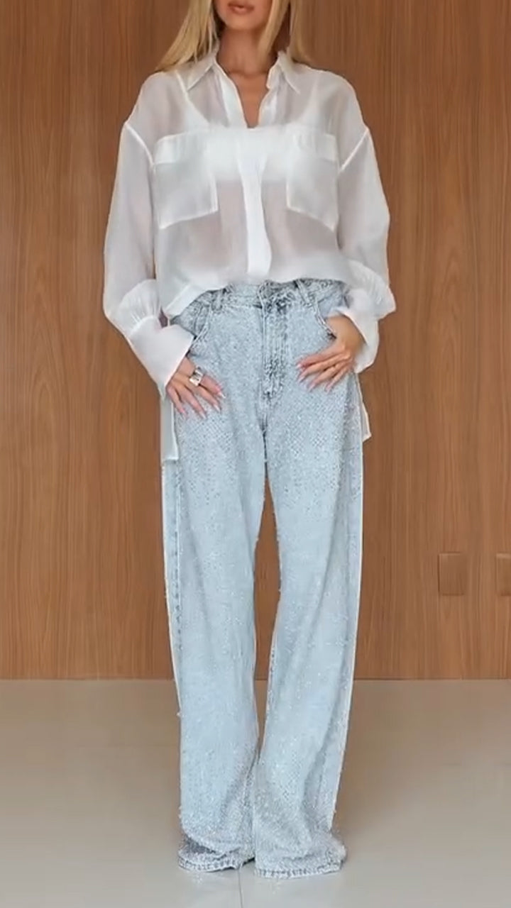 Women Collar See Through Shirt+ Rhinestone Jeans Casual Set