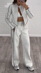Womens Round Neck Vertical Zipper Coat + Pants Casual Suit