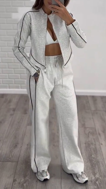 Womens Round Neck Vertical Zipper Coat + Pants Casual Suit