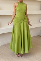 Women Neck Hanging Solid Color Waist Cinching Elegant Temperament Dress