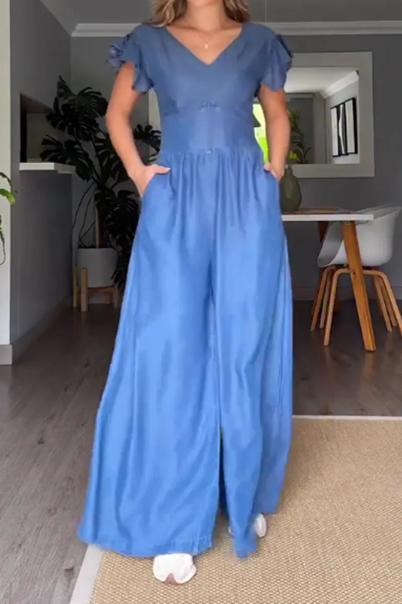 Women's Casual Chambray Jumpsuit with Ruffled Sleeves & Side Pockets
