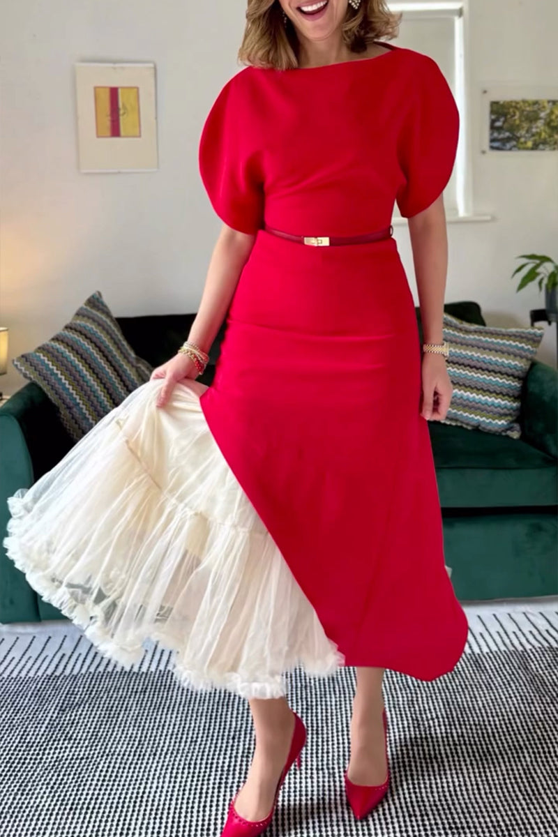 Women's Elegant Asymmetric Hem Dress Mesh Skirt Set