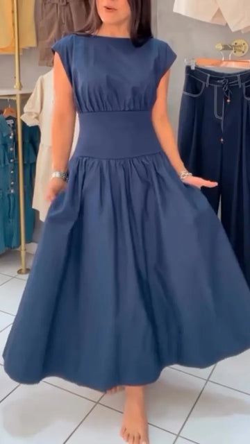 Womens Round Neck Solid Color Waist Cinching Elegant Casual Dress
