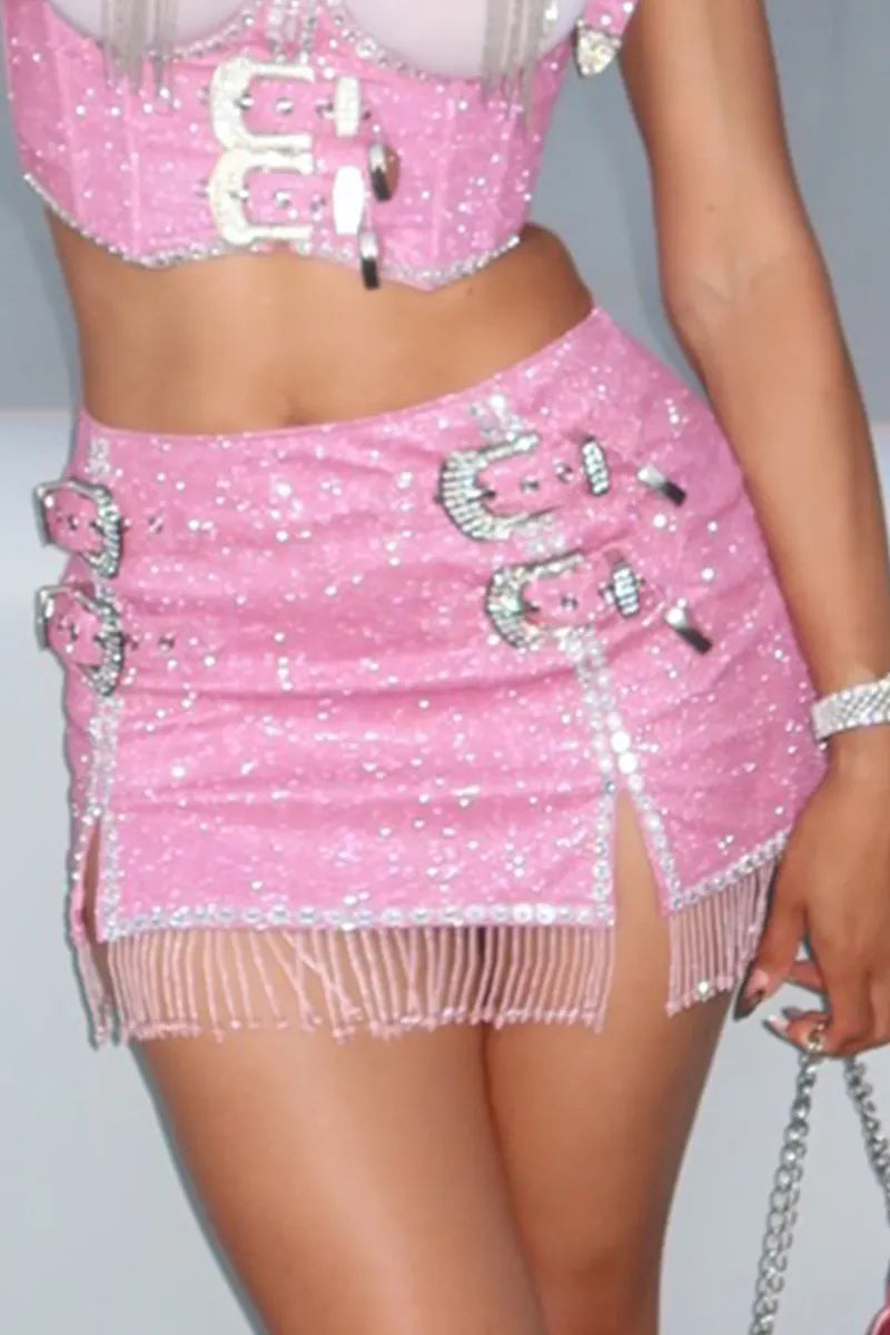 Women's Halter Neck Back Tie Rhinestone Party Top Or Rhinestone Tassel Short Skirt（The Inner Layer Of The Top Is Not For Sale）