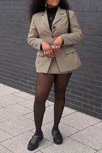 Women Collar Plaid Blazer + Half Skirt Temperament Commuting Formal Suit
