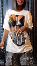 Women Round Neck Printed Top + Retro Patchwork Jeans Casual Set