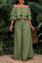 Women's Crinkle Textured Off Shoulder Double Tier Ruffle Crop Blouse Or High Waist Loose Flow Crinkle Wide Leg Palazzo Pants